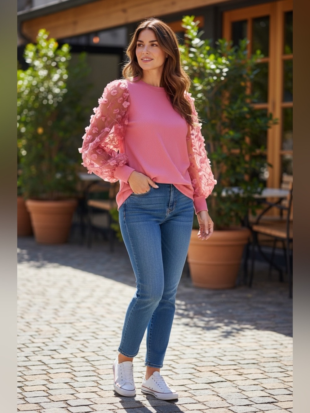 💕Beautiful Ribbed Top with Sheer Floral Balloon Sleeves💕